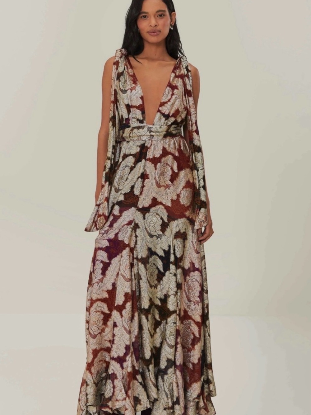 FARM Rio Plunging Floral Maxi Dress in Burgundy and Cream